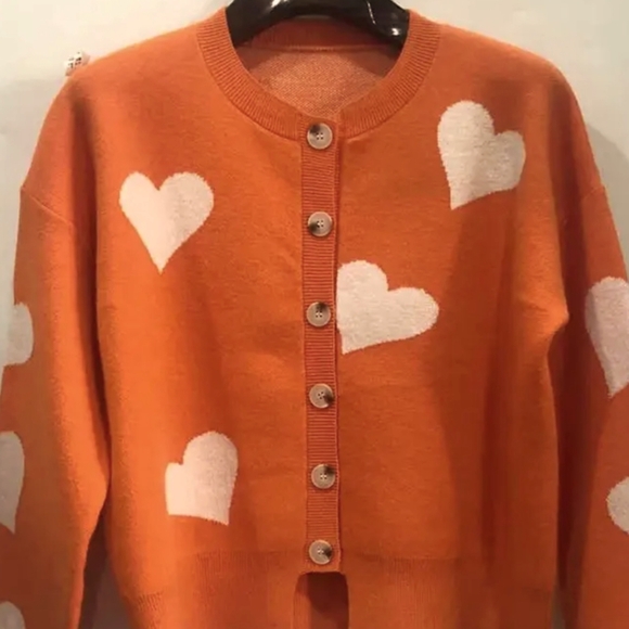 NWT Orange Button Up Cardigan Sweater with White Hearts - Picture 2 of 5